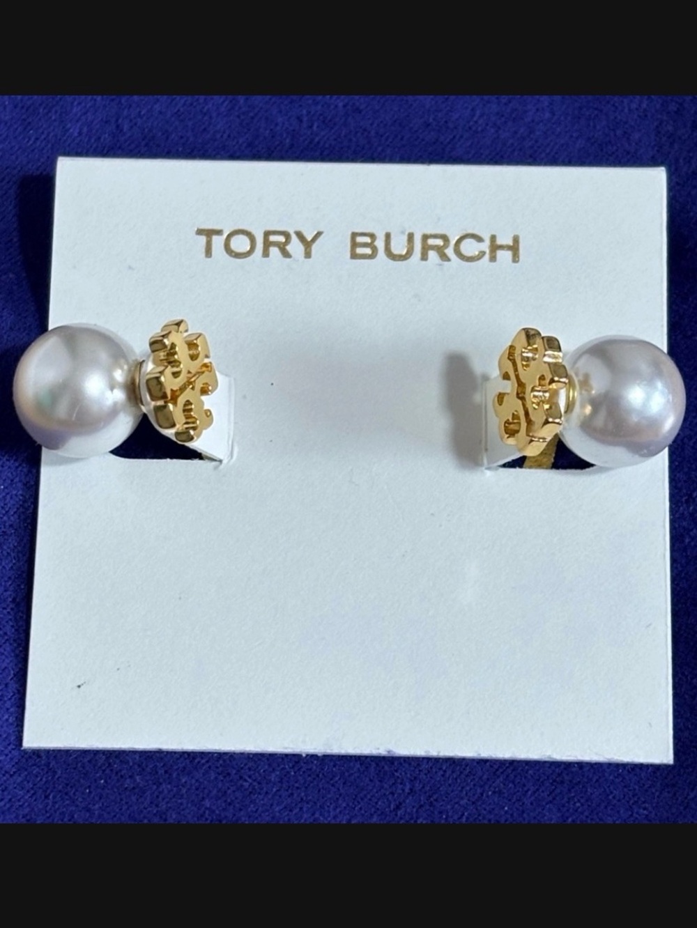 TORY BURCH GOLD KIRA LOGO PEARL BACKING EARRINGS